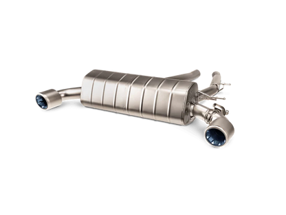 Offside rear view of an Akrapovič titanium rear exhaust section with a pipe each side