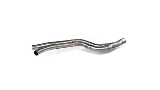 An aerial side view of an Akrapovič stainless steel evolution link pipe set with twin pipes going into a single