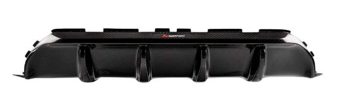 Front view of an Akrapovic rear carbon fibre diffuser with a high gloss finish