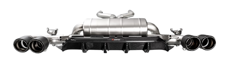 Front view of an Akrapovic Titanium rear exhaust with twin pipes each side, carbon fibre tips & a carbon fibre rear diffuser