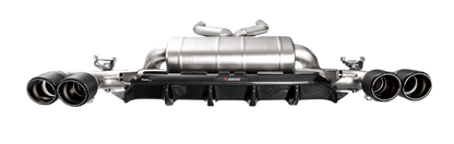 Front view of an Akrapovic Titanium rear exhaust with twin pipes each side, carbon fibre tips & a carbon fibre rear diffuser
