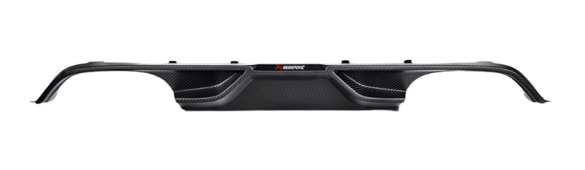 A rear view of an Akrapovič carbon fibre rear diffuser showing its complex geometry and aerodynamic design