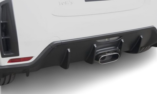Close up rear view of a Tom's rear diffuser fitted to a white Toyota GR Yaris