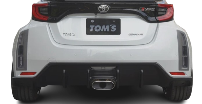 Rear view of a white Toyota GR Yaris  with back trim, with a Tom's rear diffuser fitted