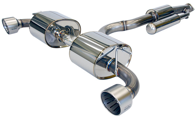 Side aerial view of a HKS exhaust with twin tailpipes, 3 silencers and a silent chamber