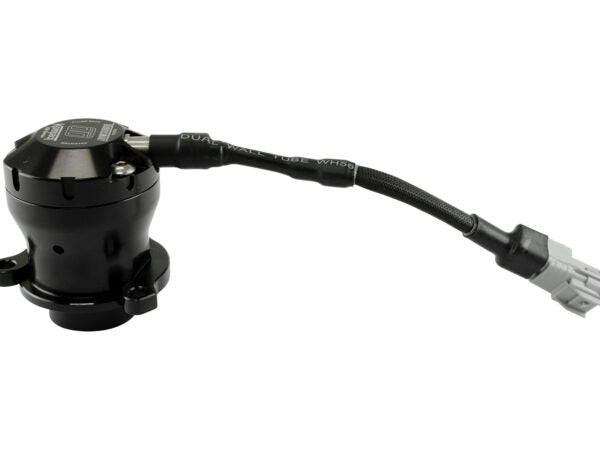 Side image of a Black Turbosmart BOV valve with wiring & connector