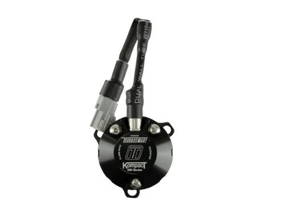 Top image of a Black Turbosmart BOV valve with wiring & connector