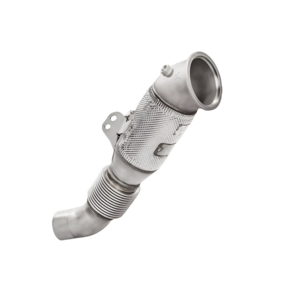 Side view of a flexible exhaust downpipe with heat insulation wrap