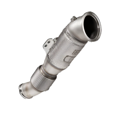 Side view of a flexible exhaust downpipe with heat insulation wrap