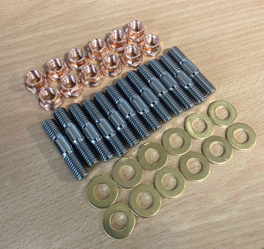 An aerial view of a STG Titanium exhaust manifold stud kit which includes 12 Titanium studs, 12 hex copper K-nuts & 12 brass washers
