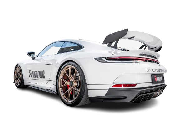 Nearside rear view of a Porsche 911 992 GT3 in white with black trim, gold alloy wheels and an Akrapovič Titanium twin pipe exhaust fitted