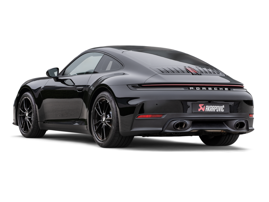 Porsche 992.2 Carrera with Akrapovic exhaust nearside rear view