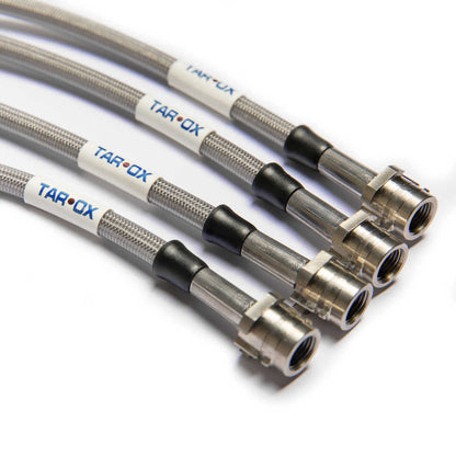 A set of four Tarox braided brake lines showing the fitment of one end