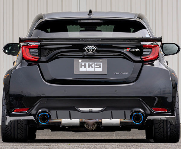 Rear view of a black Toyota GR Yaris with a HKS twin pipe exhaust fitted