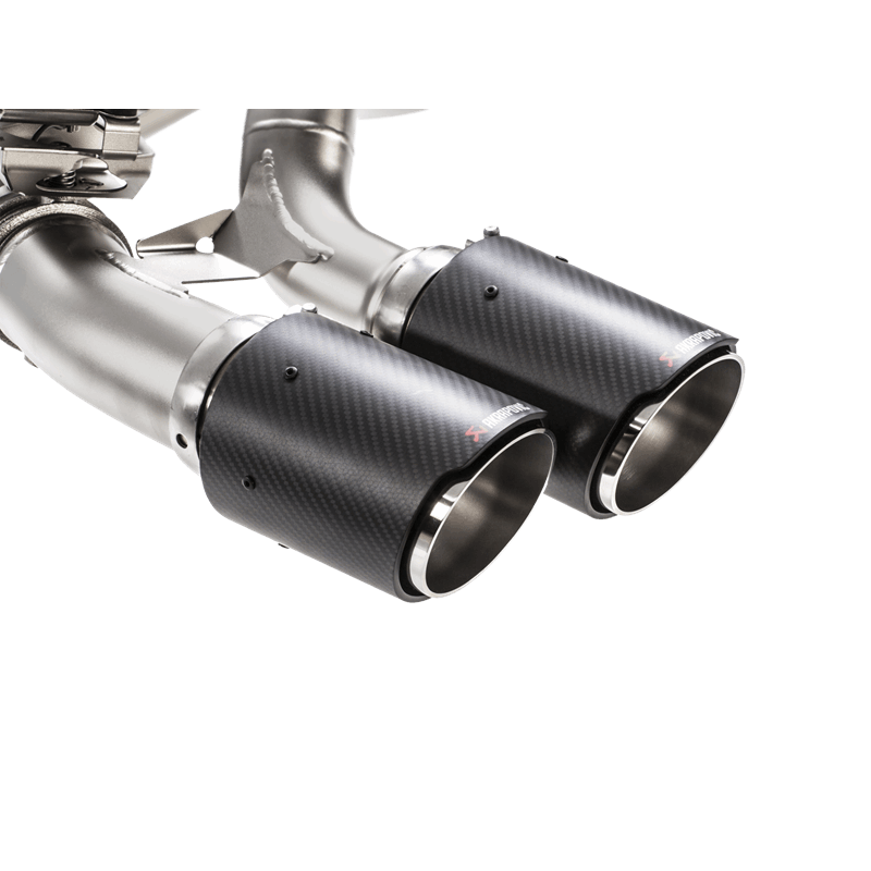 Close up view of Akrapovic carbon fibre exhaust tips