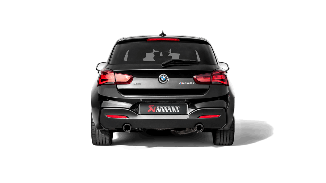 Rear view of a black BMW M140i with Akrapovič twin pipe exhaust fitted