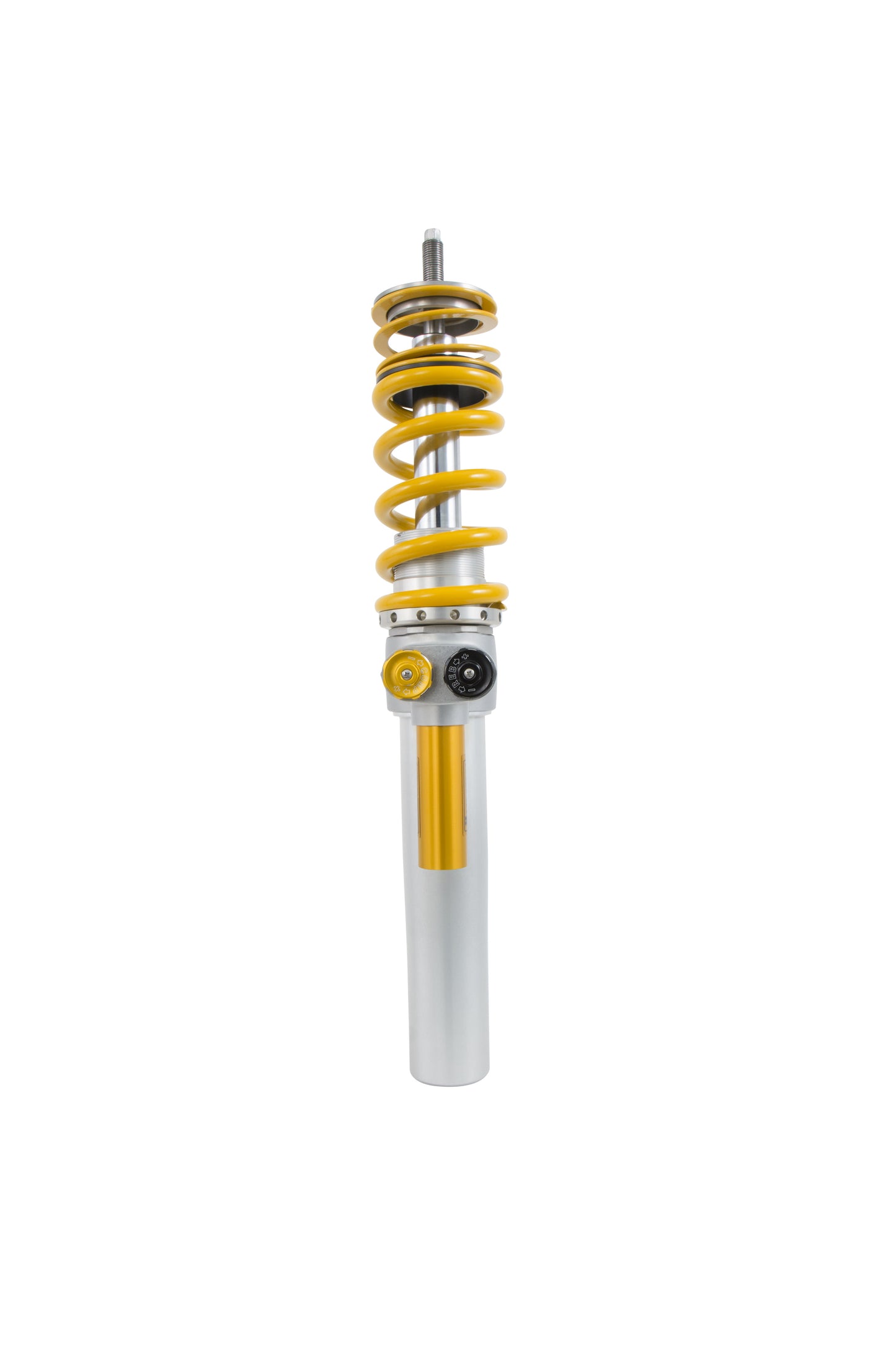 Front view of an Öhlins racing coil over with distinctive gold and yellow coloring, yellow coil springs attached with adjustable dials & separate reservoir
