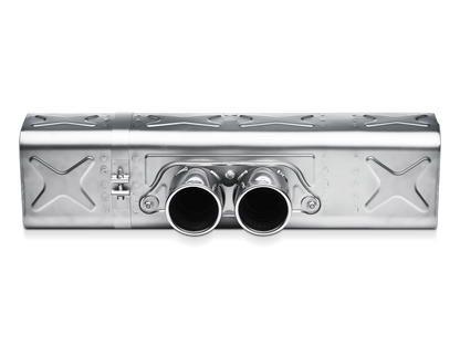 Close up rear view of an Akrapovič Titanium rear muffler with twin pipes in the centre