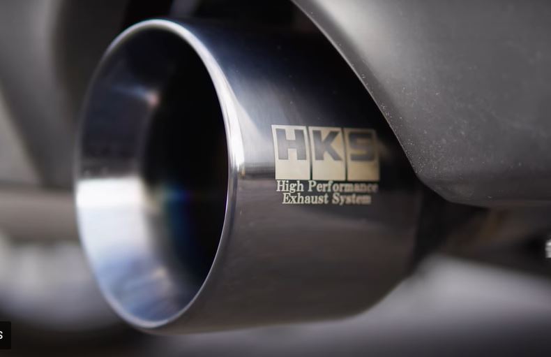 Close up view of the tailpipe section of the HKS Legamax High performance exhaust fitted to a Toyota GR Yaris