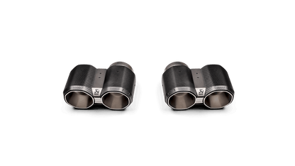 Aerial view of two pairs of Akrapovic carbon fibre exhaust tail pipe tips with an Octagonal end shape