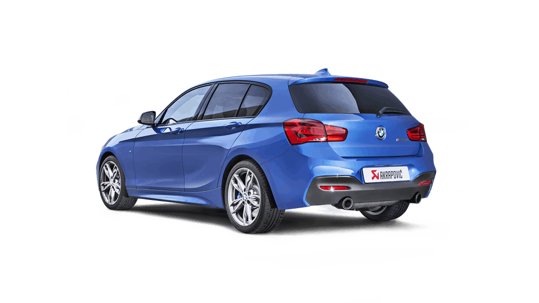 Rear three-quarter view of a blue BMW M140i with Akrapovič exhaust fitted