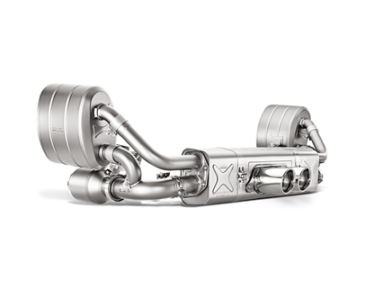Front side view of an Akrapovič Titanium manifold set with a detailed view of the silencers and pipework