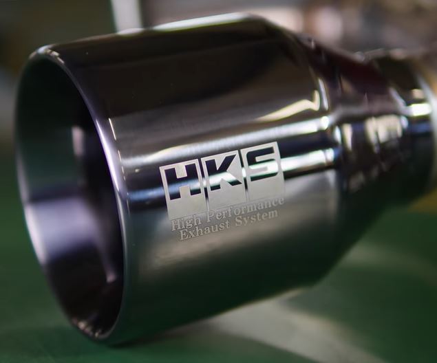 Close up view of the tailpipe section of the HKS Legamax High performance exhaust before fitment