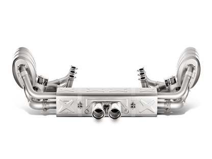 Front aerial view of an Akrapovič Titanium manifold set with a detailed view of the silencers and pipework