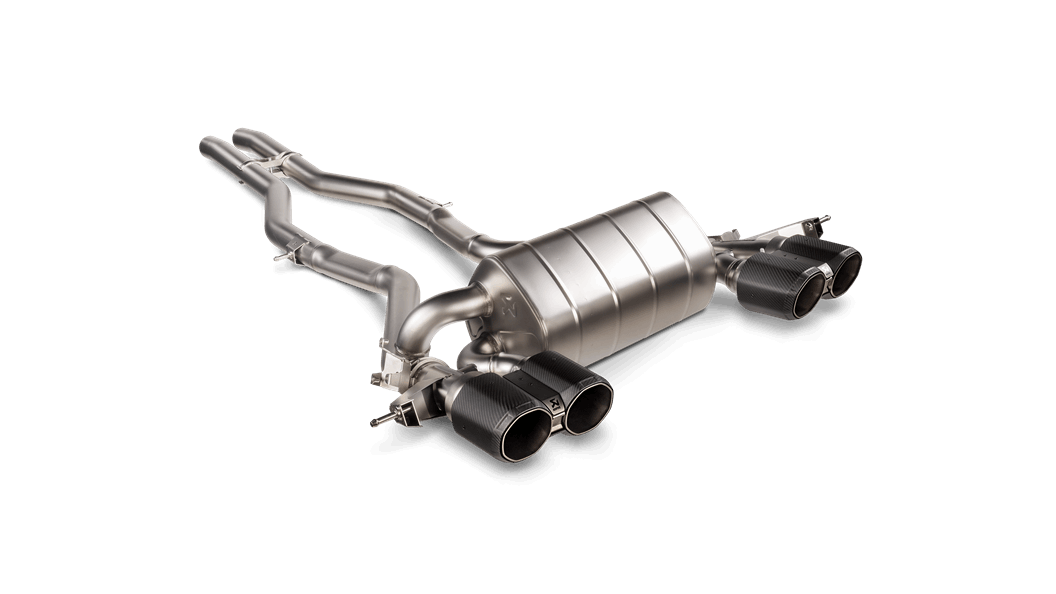 Aerial view of an Akrapovic Titanium exhaust with twin pipes each side & carbon fibre tips 