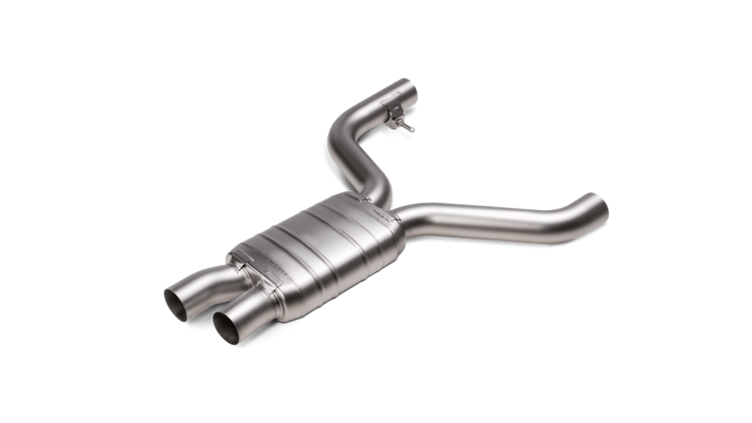 An Akrapovic Titanium link pipe with twin pipes going into a silencer either side