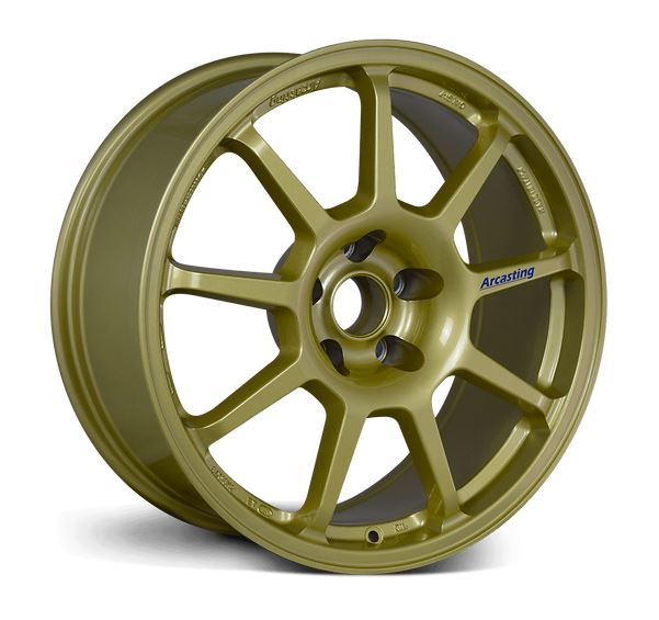 Front view of a Z.A.R Corse 18-inch gold wheel with a 9-spoke design against a white background 