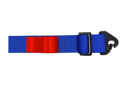 Close up view of one blue & red strap