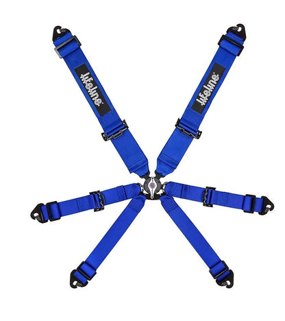 Image features a six-point racing harness in blue with silver hardware, arranged in a symmetrical layout with two shoulder belts, two lap belts, and two crotch belts converging at a central fastening point