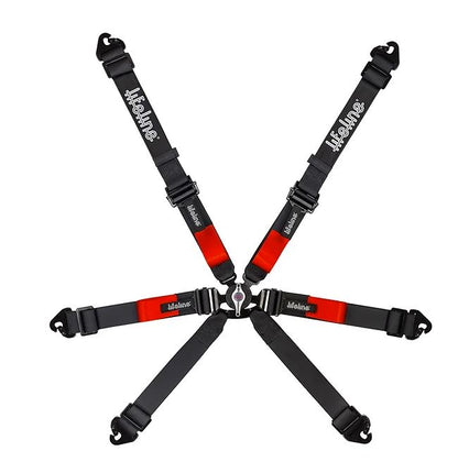 Image features a six-point racing harness in black & red with silver hardware, arranged in a symmetrical layout with two shoulder belts, two lap belts, and two crotch belts converging at a central fastening point