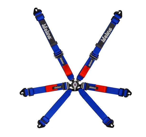Image features a six-point racing harness in blue & red with silver hardware, arranged in a symmetrical layout with two shoulder belts, two lap belts, and two crotch belts converging at a central fastening point