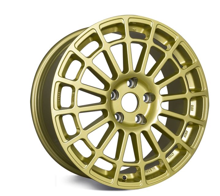 Front view of a Monte Corse 18-inch gold wheel with a multi-spoke design against a white background 