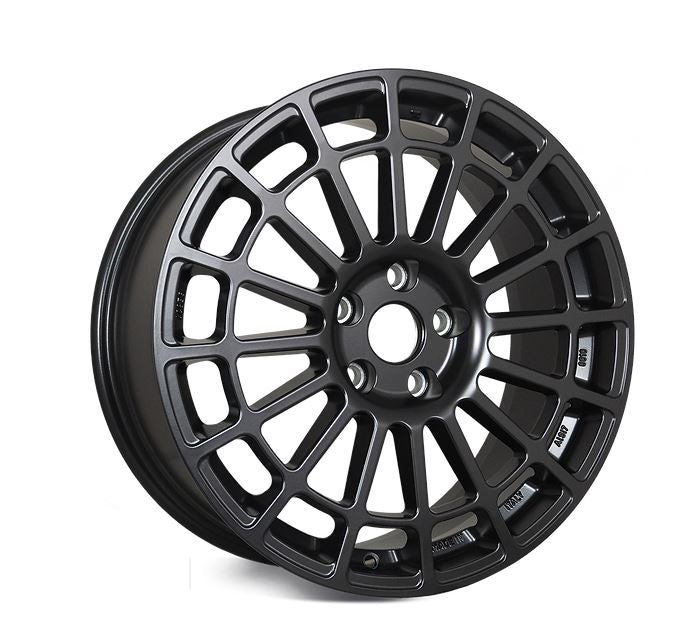 Front view of a Monte Corse 18-inch black wheel with a multi-spoke design against a white background 