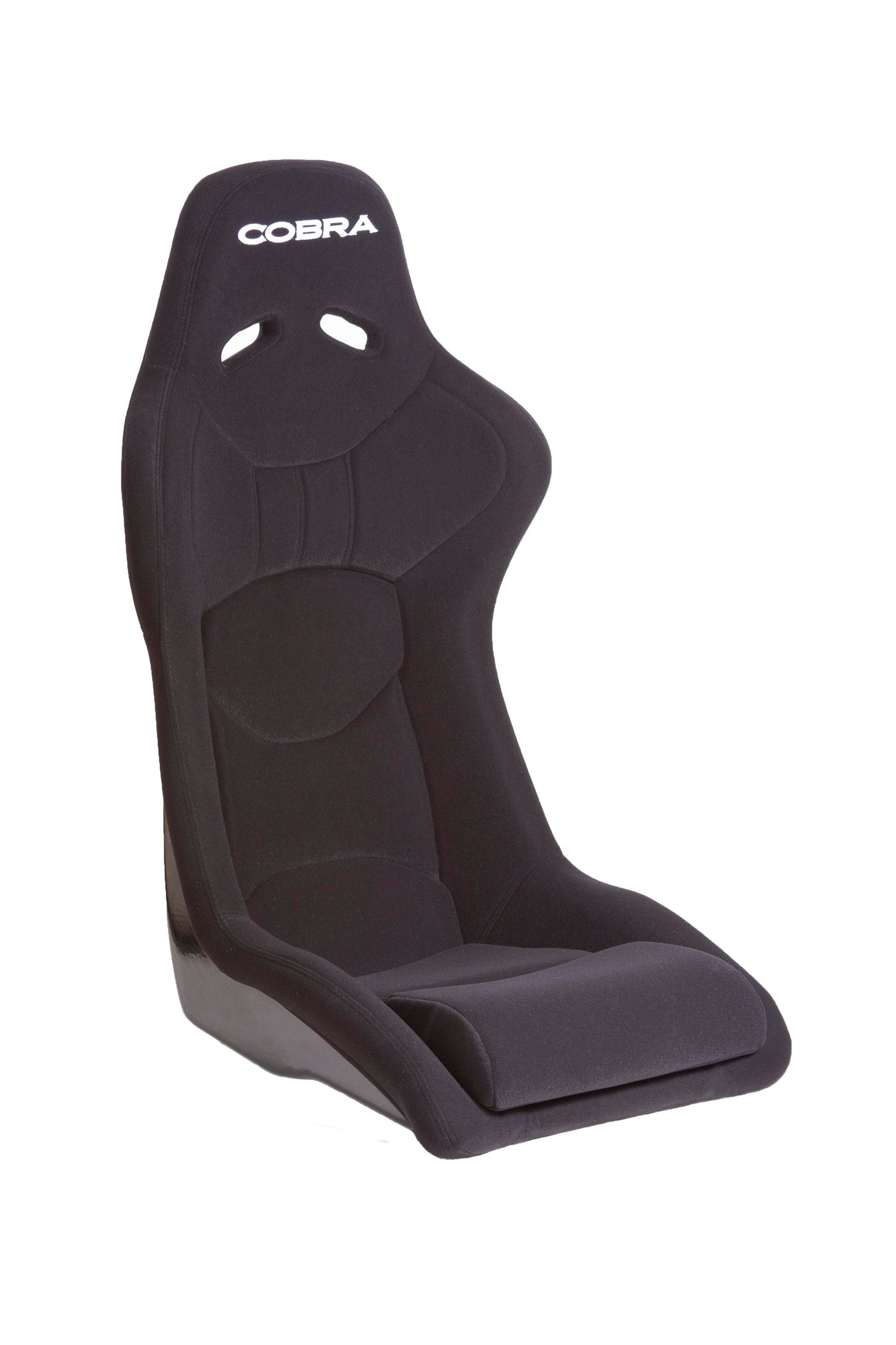 Offside front view of a black Cobra Nogaro Club Sports seat with the Cobra name in white, on the headrest
