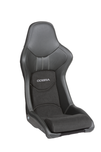 Offside front view of a black Cobra Nogaro Street sports seat with the Cobra name in white, on the back rest