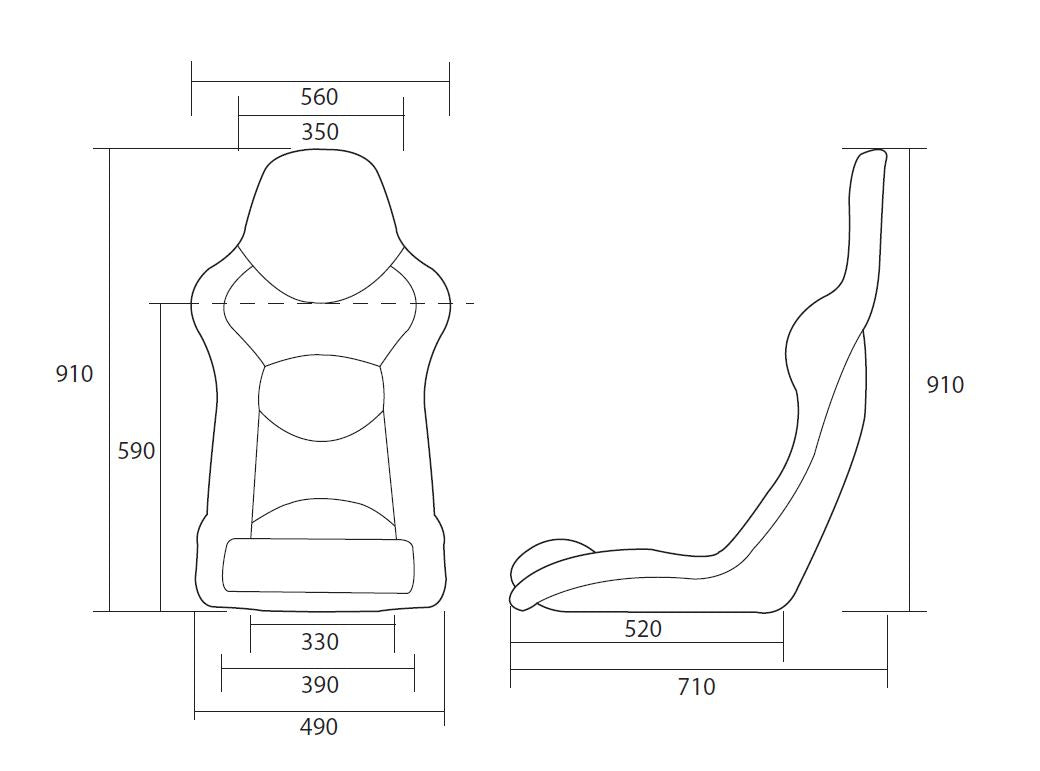 Technical drawing for the front & side of the Cobra Nogaro Circuit sports seat including all the dimensions
