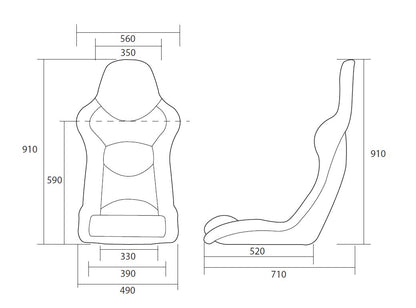 Technical drawing for the front & side of the Cobra Nogaro Circuit sports seat including all the dimensions