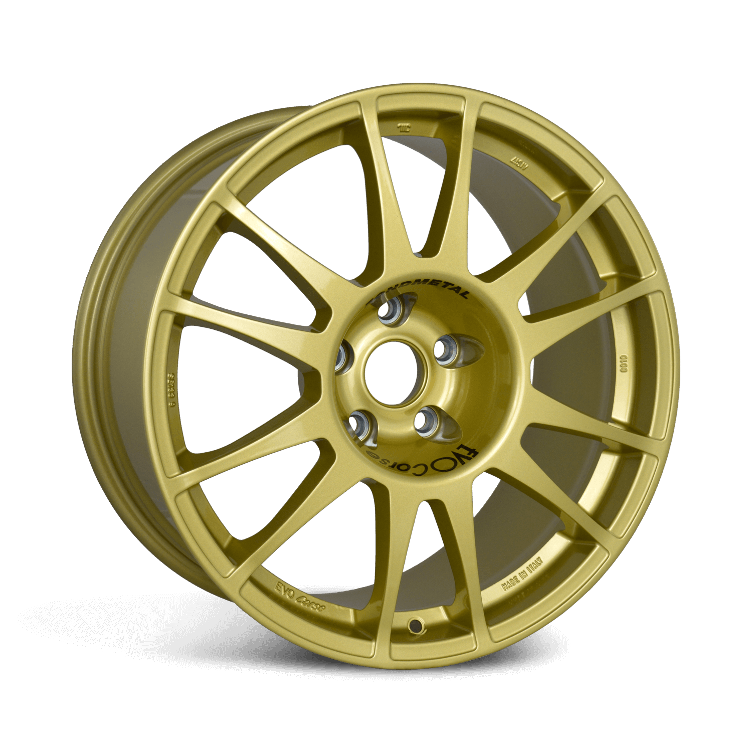Front view of a Sanremo Corse 18-inch gold wheel with a 12-spoke design against a white background 