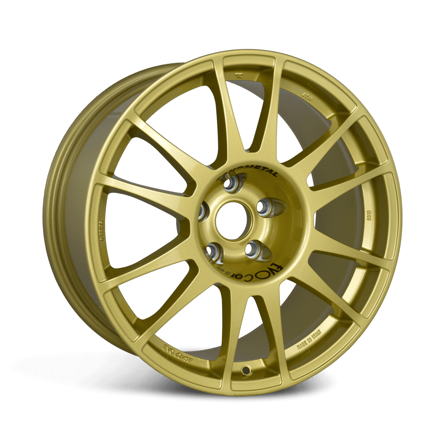 Front view of a Sanremo Corse 18-inch gold wheel with a 12-spoke design against a white background 