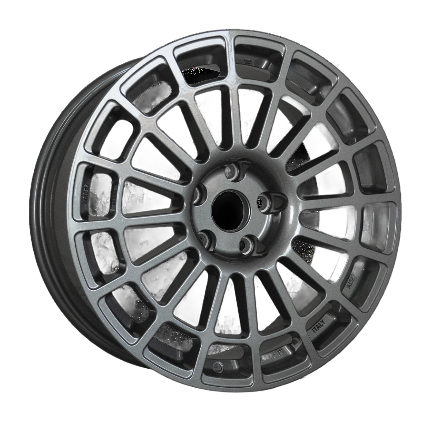 Front view of a Monte Corse 18-inch anthracite wheel with a multi-spoke design against a white background 