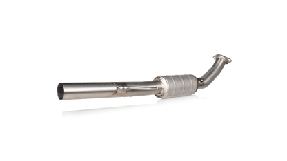 Side view of a Titanium Akrapovič single downpipe with a muffler